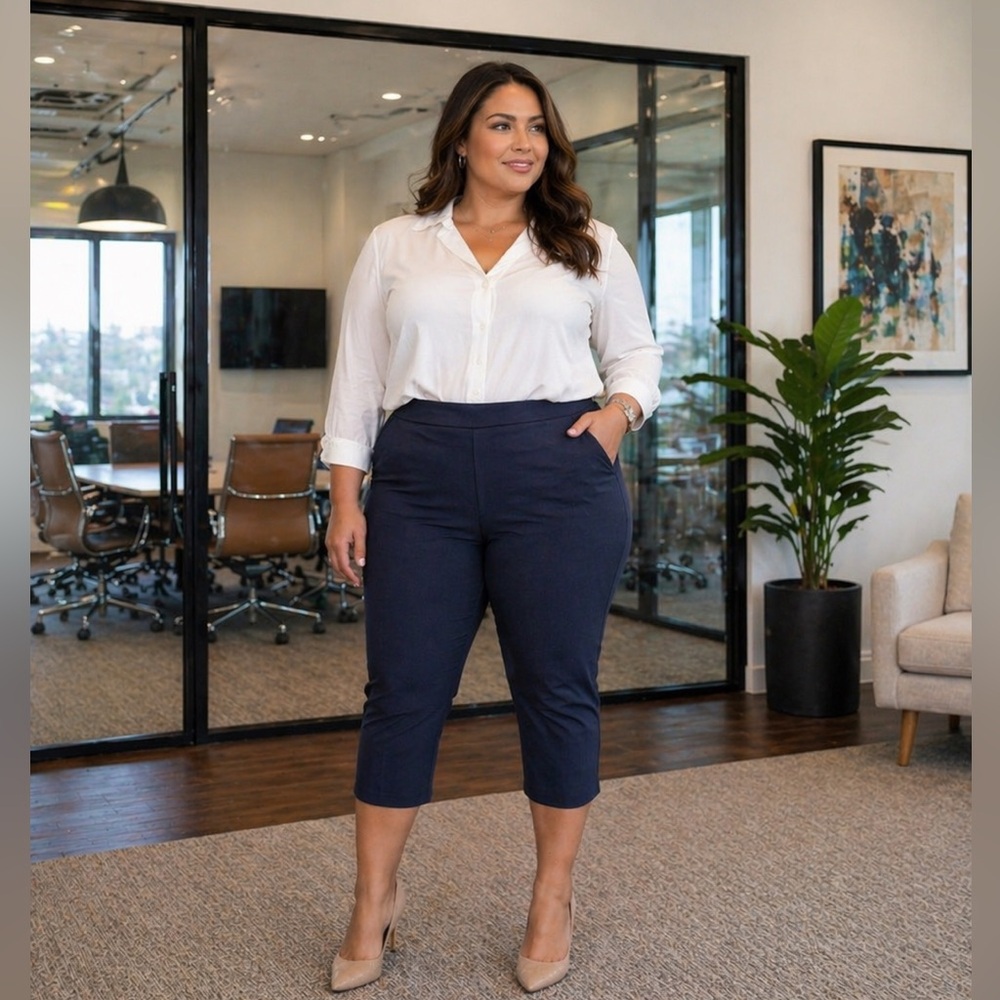 Counterparts Navy Pull-On Capri Pants Size L Stretch Career Office Workwear